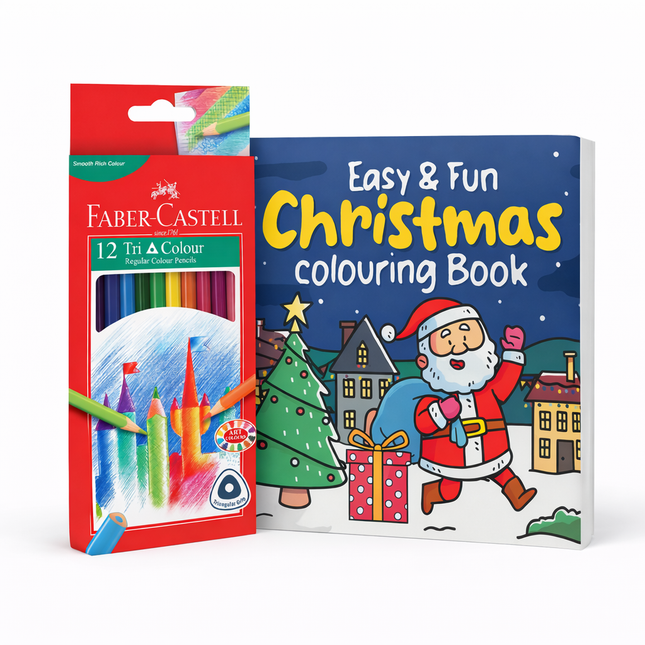 Easy & Fun Christmas Colouring Book (Paperback) & Faber-Castell Triangular Coloured Pencils 12 Pack