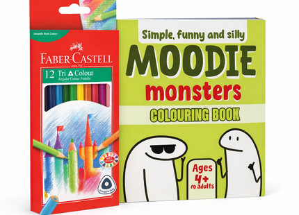 Moodie Monsters Colouring Book (Paperback) & Faber-Castell Triangular Coloured Pencils 12 Pack