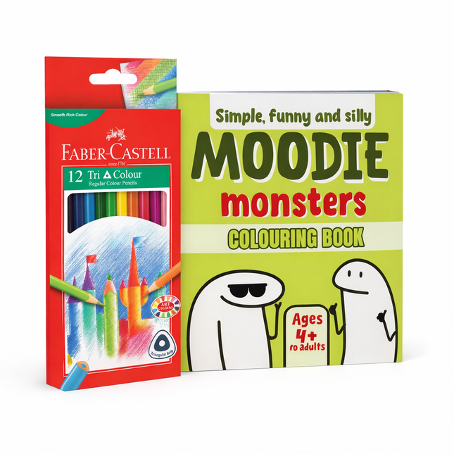 Moodie Monsters Colouring Book (Paperback) & Faber-Castell Triangular Coloured Pencils 12 Pack
